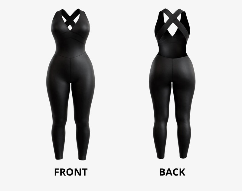 OnTheMarq DropCut™ Scrunchie Not-So-Basic Black Jumpsuit — open crossback with signature scrunchie rear rouging — original bathroom friendly jumpsuit — OnTheMarq proprietary DropCut™ Technology — invented by Nita Marquez — Freedom Fashion