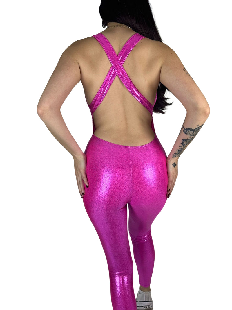 OnTheMarq DropCut™ Barbie Pink Sparkle Jumpsuit — open crossback design — original bathroom friendly jumpsuit — OnTheMarq proprietary DropCut™ Technology — full-length hot pink metallic sparkle crossback jumpsuit — invented by Nita Marquez — Freedom Fashion