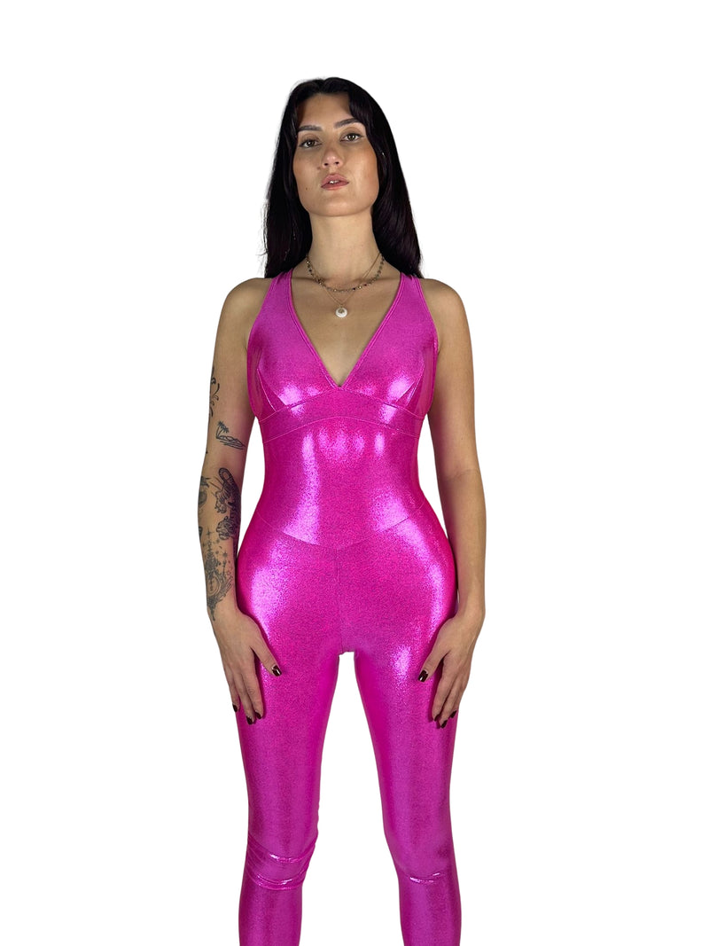 OnTheMarq DropCut™ Barbie Pink Sparkle Jumpsuit — open crossback design — original bathroom friendly jumpsuit — OnTheMarq proprietary DropCut™ Technology — full-length hot pink metallic sparkle crossback jumpsuit — invented by Nita Marquez — Freedom Fashion