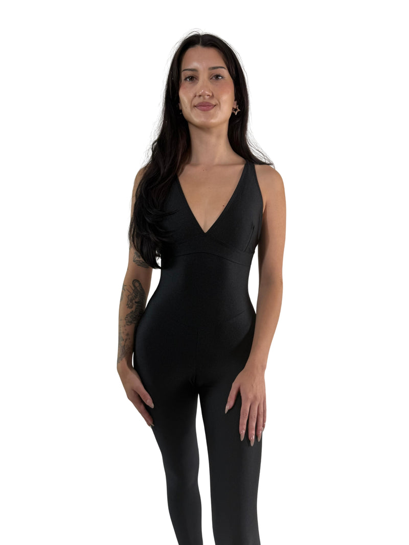 OnTheMarq DropCut™ Black Spandex Crossback Jumpsuit — open crossback design — original bathroom friendly jumpsuit — OnTheMarq proprietary DropCut™ Technology — sleek black spandex crossback jumpsuit — invented by Nita Marquez — Freedom Fashion