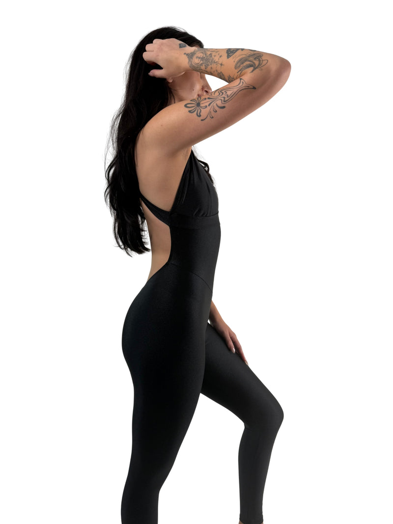 OnTheMarq DropCut™ Black Spandex Crossback Jumpsuit — open crossback design — original bathroom friendly jumpsuit — OnTheMarq proprietary DropCut™ Technology — sleek black spandex crossback jumpsuit — invented by Nita Marquez — Freedom Fashion