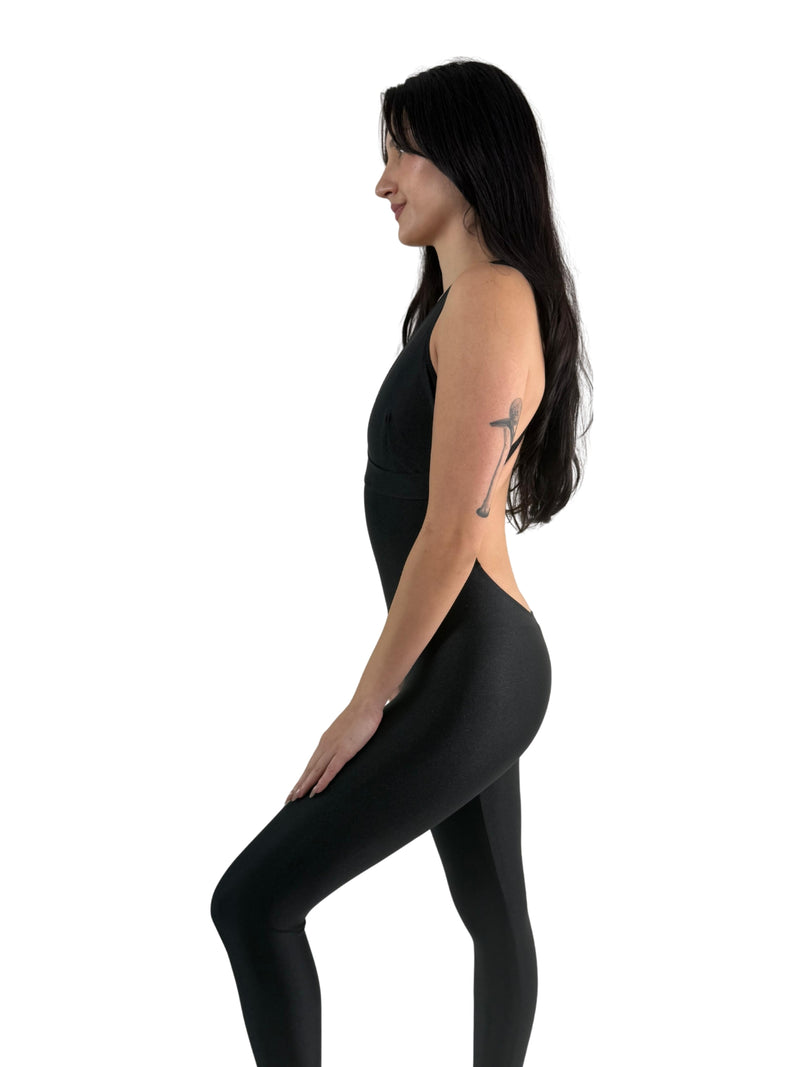 OnTheMarq DropCut™ Black Spandex Crossback Jumpsuit — open crossback design — original bathroom friendly jumpsuit — OnTheMarq proprietary DropCut™ Technology — sleek black spandex crossback jumpsuit — invented by Nita Marquez — Freedom Fashion