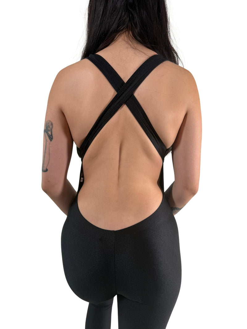 OnTheMarq DropCut™ Black Spandex Crossback Jumpsuit — open crossback design — original bathroom friendly jumpsuit — OnTheMarq proprietary DropCut™ Technology — sleek black spandex crossback jumpsuit — invented by Nita Marquez — Freedom Fashion