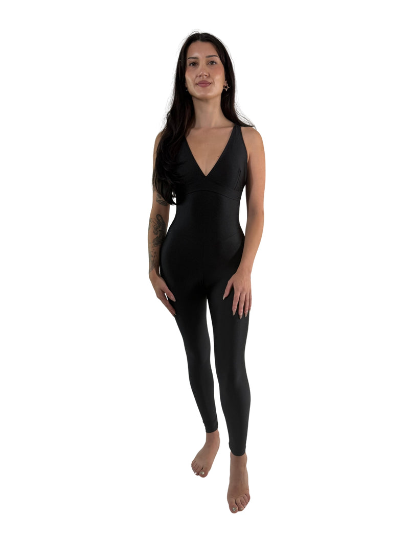 OnTheMarq DropCut™ Black Spandex Crossback Jumpsuit — open crossback design — original bathroom friendly jumpsuit — OnTheMarq proprietary DropCut™ Technology — sleek black spandex crossback jumpsuit — invented by Nita Marquez — Freedom Fashion