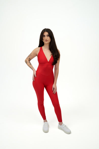 OnTheMarq DropCut™ Fire Engine Red Jumpsuit — original bathroom friendly jumpsuit — OnTheMarq proprietary DropCut™ Technology — red compression jumpsuit — invented by Nita Marquez — Freedom Fashion
