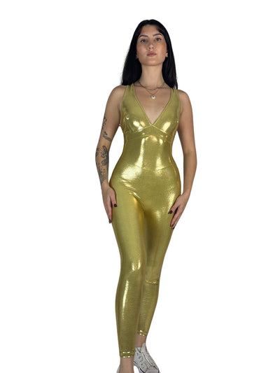 OnTheMarq DropCut™ Gold Sparkle Jumpsuit — open crossback with signature scrunchie rear rouging — original bathroom friendly jumpsuit — OnTheMarq proprietary DropCut™ Technology — holographic gold sparkle crossback jumpsuit — invented by Nita Marquez — Freedom Fashion