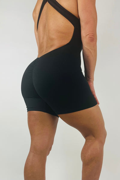 OnTheMarq DropCut™ Not-So-Basic Black Shorts Jumpsuit with scrunchie rear ruching — original bathroom friendly jumpsuit — OnTheMarq proprietary DropCut™ Technology — black shorts jumpsuit — invented by Nita Marquez — Freedom Fashion