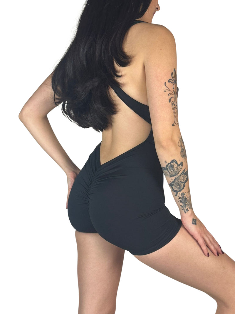 OnTheMarq DropCut™ Not-So-Basic Black Shorts Jumpsuit with scrunchie rear ruching — original bathroom friendly jumpsuit — OnTheMarq proprietary DropCut™ Technology — black shorts jumpsuit — invented by Nita Marquez — Freedom Fashion