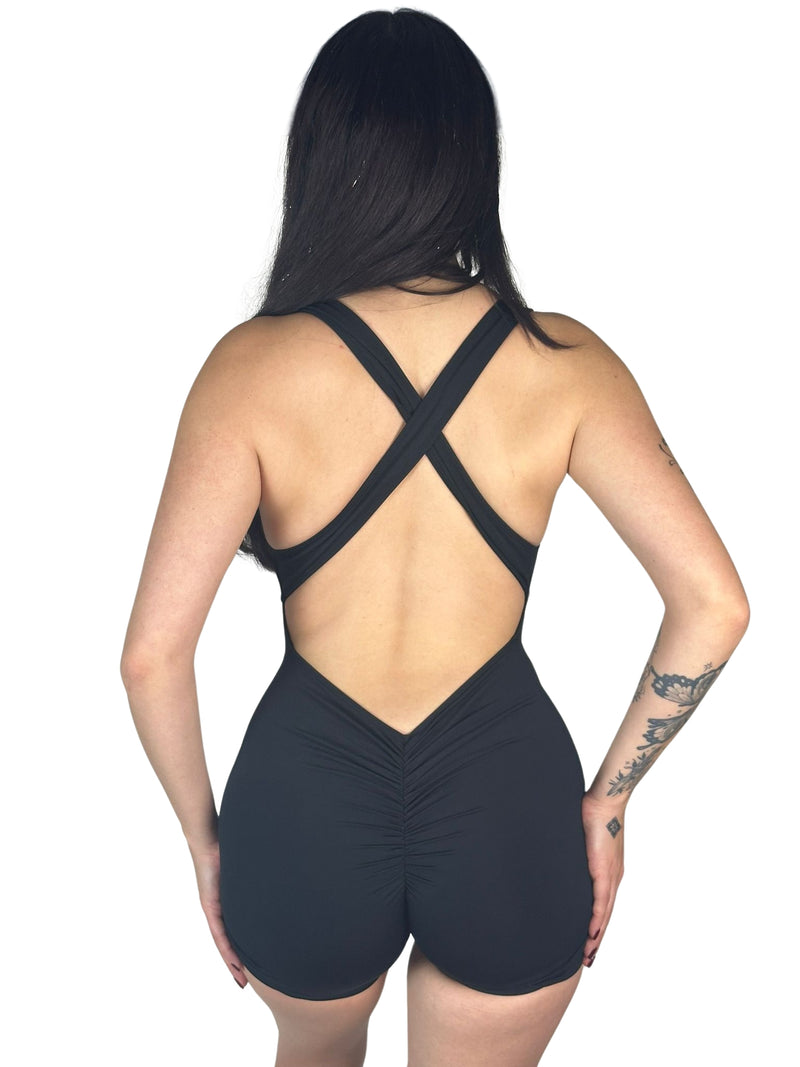 OnTheMarq DropCut™ Not-So-Basic Black Shorts Jumpsuit with scrunchie rear ruching — original bathroom friendly jumpsuit — OnTheMarq proprietary DropCut™ Technology — black shorts jumpsuit — invented by Nita Marquez — Freedom Fashion
