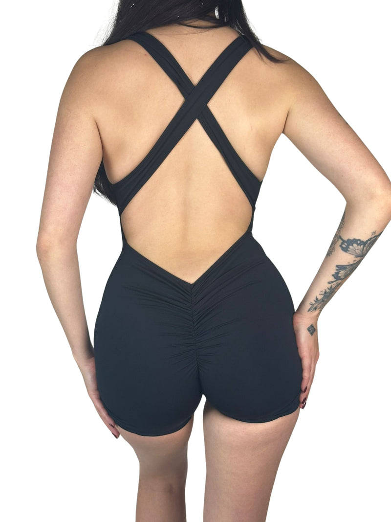 OnTheMarq DropCut™ Not-So-Basic Black Shorts Jumpsuit with scrunchie rear ruching — original bathroom friendly jumpsuit — OnTheMarq proprietary DropCut™ Technology — black shorts jumpsuit — invented by Nita Marquez — Freedom Fashion