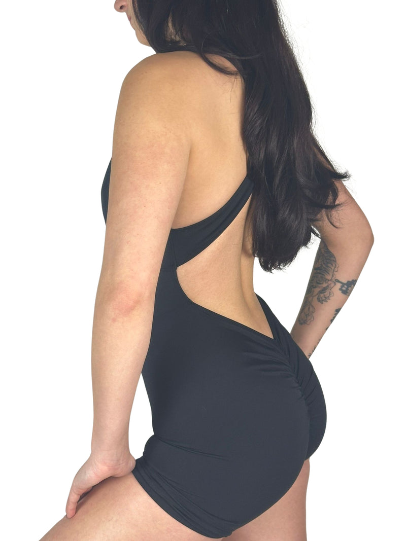 OnTheMarq DropCut™ Not-So-Basic Black Shorts Jumpsuit with scrunchie rear ruching — original bathroom friendly jumpsuit — OnTheMarq proprietary DropCut™ Technology — black shorts jumpsuit — invented by Nita Marquez — Freedom Fashion