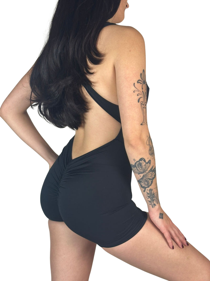 OnTheMarq DropCut™ Not-So-Basic Black Shorts Jumpsuit with scrunchie rear ruching — original bathroom friendly jumpsuit — OnTheMarq proprietary DropCut™ Technology — black shorts jumpsuit — invented by Nita Marquez — Freedom Fashion