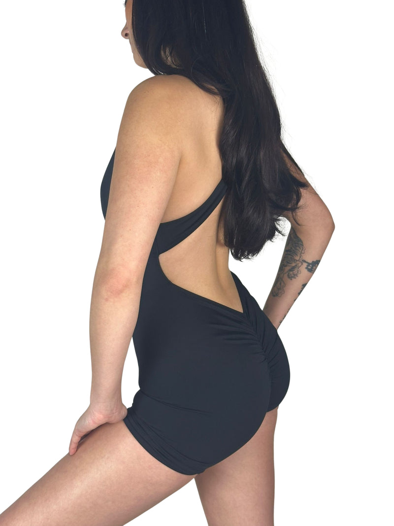 OnTheMarq DropCut™ Not-So-Basic Black Shorts Jumpsuit with scrunchie rear ruching — original bathroom friendly jumpsuit — OnTheMarq proprietary DropCut™ Technology — black shorts jumpsuit — invented by Nita Marquez — Freedom Fashion