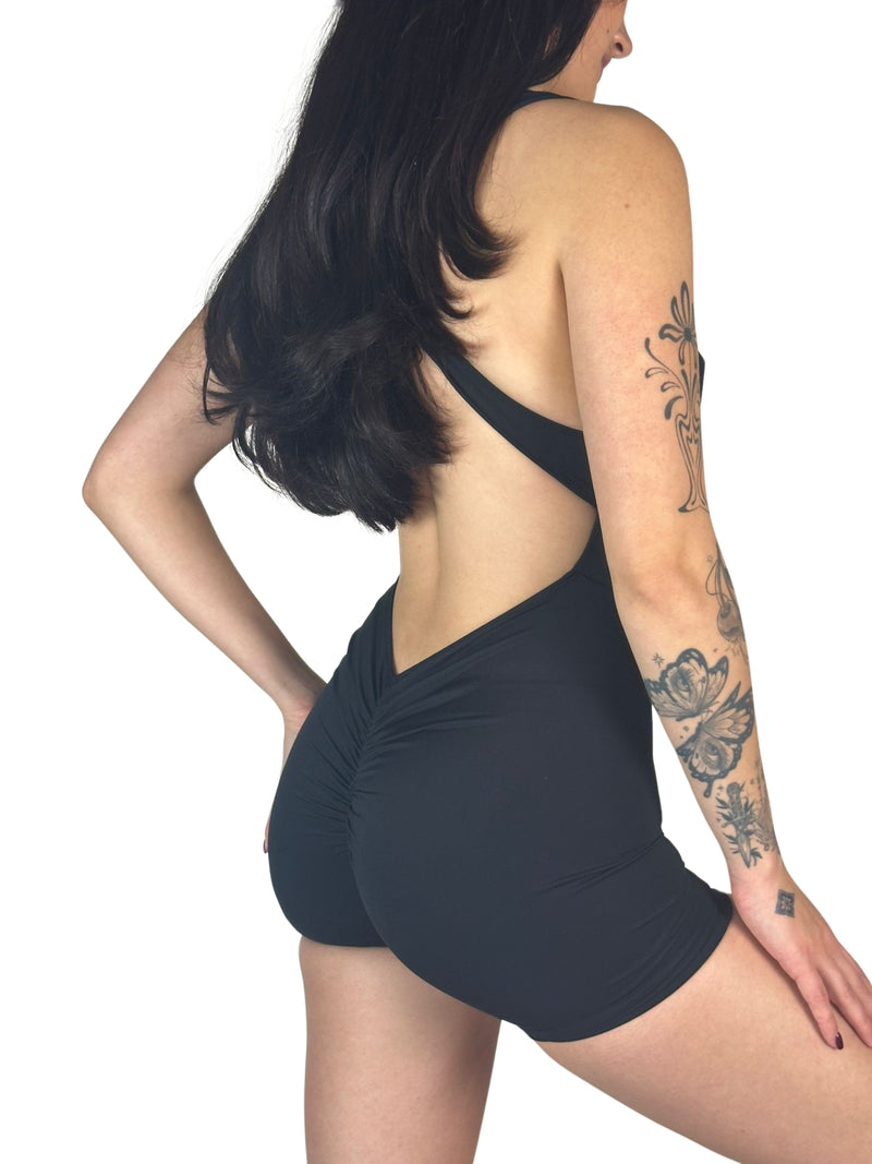 OnTheMarq DropCut™ Not-So-Basic Black Shorts Jumpsuit with scrunchie rear ruching — original bathroom friendly jumpsuit — OnTheMarq proprietary DropCut™ Technology — black shorts jumpsuit — invented by Nita Marquez — Freedom Fashion