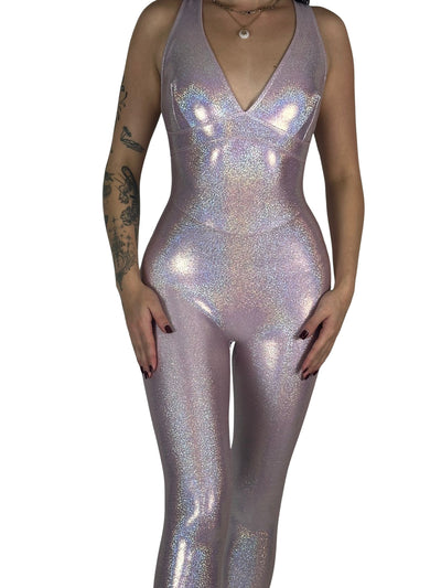 OnTheMarq DropCut™ Princess Pink Sparkle Jumpsuit — open crossback — original bathroom friendly jumpsuit — OnTheMarq proprietary DropCut™ Technology — iridescent holographic pink sparkle crossback jumpsuit — invented by Nita Marquez — Freedom Fashion