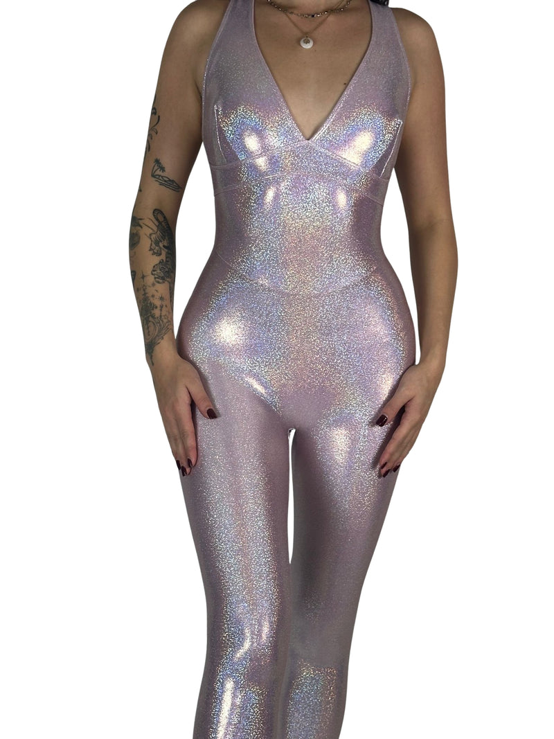 OnTheMarq DropCut™ Scrunchie Princess Pink Sparkle Jumpsuit — open crossback with signature scrunchie rear rouging — original bathroom friendly jumpsuit — OnTheMarq proprietary DropCut™ Technology — iridescent holographic pink sparkle crossback jumpsuit — invented by Nita Marquez — Freedom Fashio