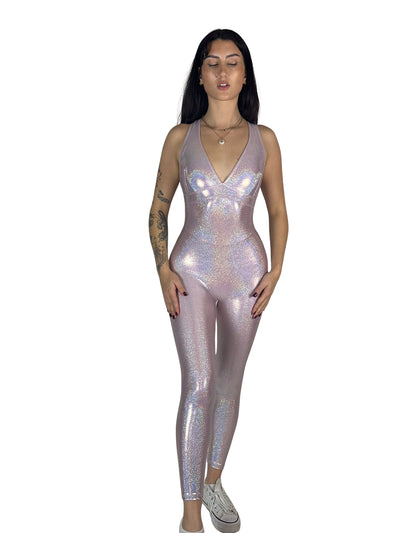 OnTheMarq DropCut™ Princess Pink Sparkle Jumpsuit — open crossback — original bathroom friendly jumpsuit — OnTheMarq proprietary DropCut™ Technology — iridescent holographic pink sparkle crossback jumpsuit — invented by Nita Marquez — Freedom Fashion