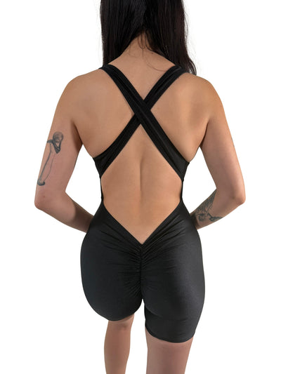 OnTheMarq DropCut™ Scrunchie Black Spandex Shorts Jumpsuit — open crossback with signature scrunchie rear ruching — original bathroom friendly jumpsuit — OnTheMarq proprietary DropCut™ Technology — black spandex shorts jumpsuit — invented by Nita Marquez — Freedom Fashion