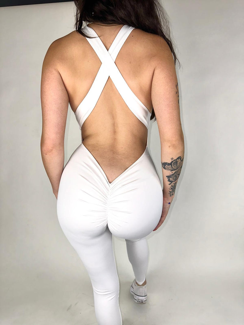 OnTheMarq DropCut™ Scrunchie Cloud White Jumpsuit — open crossback with signature scrunchie rear rouging — original bathroom friendly jumpsuit — OnTheMarq proprietary DropCut™ Technology — white crossback jumpsuit — invented by Nita Marquez — Freedom Fashion