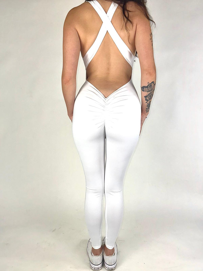 OnTheMarq DropCut™ Scrunchie Cloud White Jumpsuit — open crossback with signature scrunchie rear rouging — original bathroom friendly jumpsuit — OnTheMarq proprietary DropCut™ Technology — white crossback jumpsuit — invented by Nita Marquez — Freedom Fashion