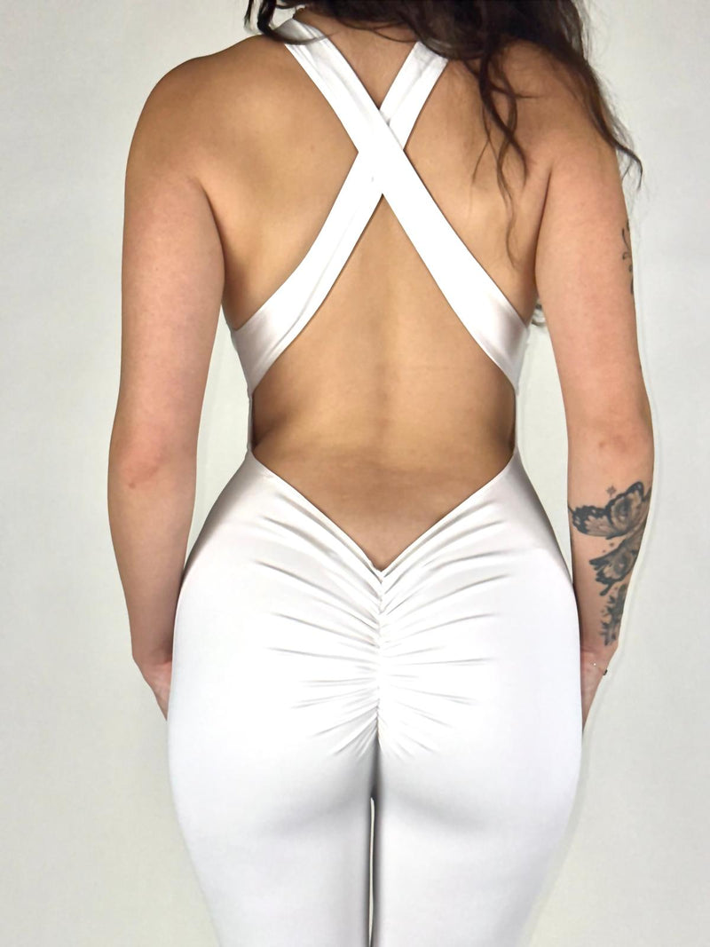 OnTheMarq DropCut™ Scrunchie Cloud White Jumpsuit — open crossback with signature scrunchie rear rouging — original bathroom friendly jumpsuit — OnTheMarq proprietary DropCut™ Technology — white crossback jumpsuit — invented by Nita Marquez — Freedom Fashion