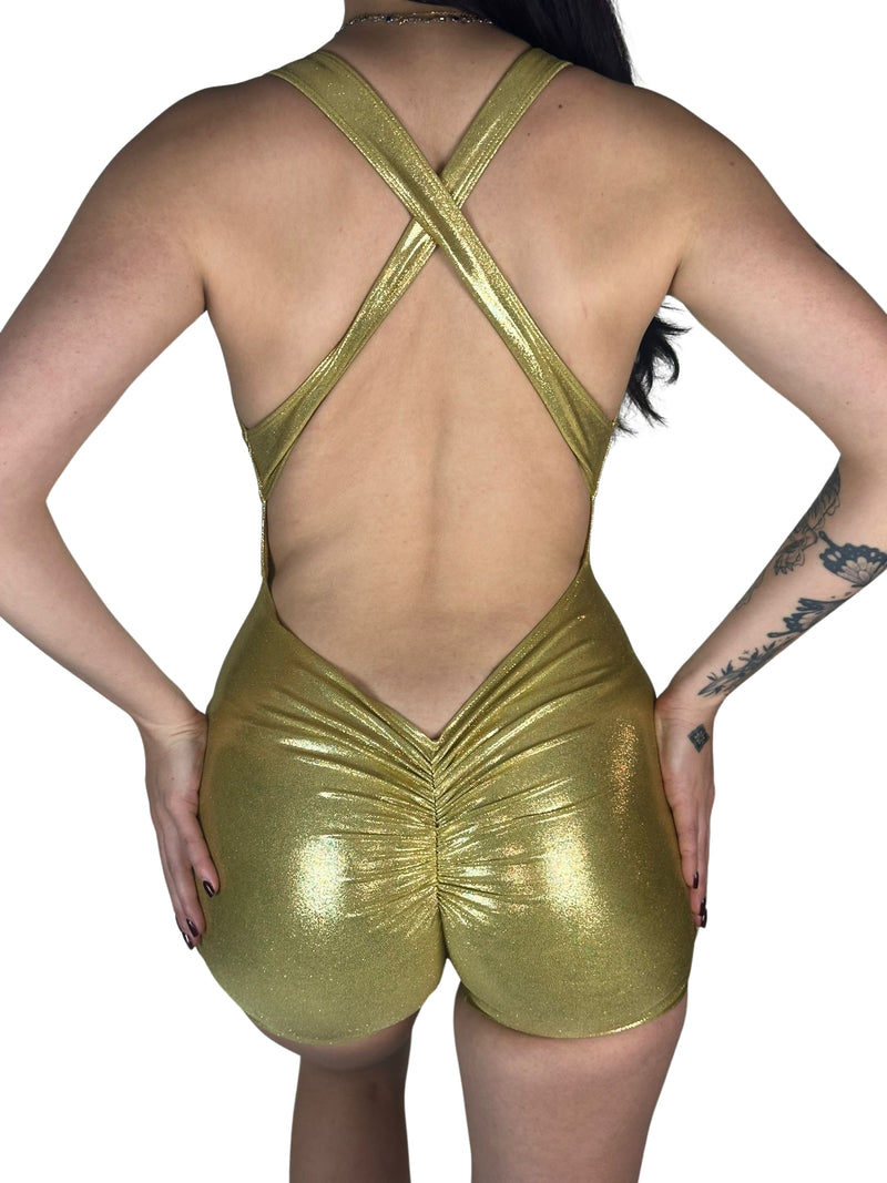 OnTheMarq DropCut™ Scrunchie Gold Sparkle Shorts Jumpsuit — open crossback with signature scrunchie rear ruching — original bathroom friendly jumpsuit — OnTheMarq proprietary DropCut™ Technology — holographic gold sparkle shorts jumpsuit — invented by Nita Marquez — Freedom Fashion