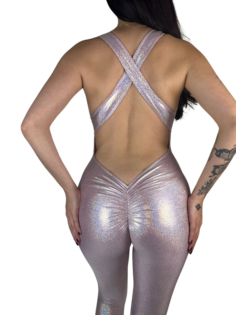 OnTheMarq DropCut™ Scrunchie Princess Pink Sparkle Jumpsuit — open crossback with signature scrunchie rear rouging — original bathroom friendly jumpsuit — OnTheMarq proprietary DropCut™ Technology — iridescent holographic pink sparkle crossback jumpsuit — invented by Nita Marquez — Freedom Fashio