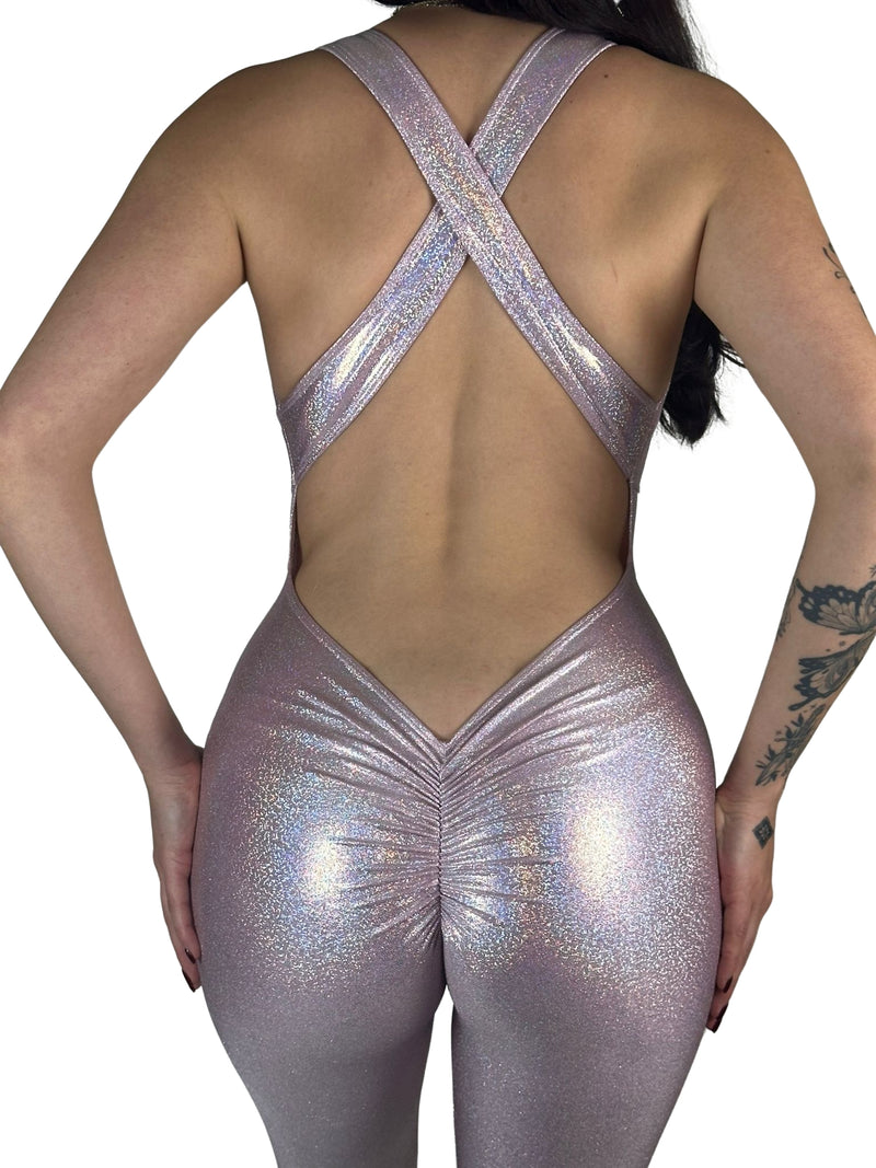 OnTheMarq DropCut™ Scrunchie Princess Pink Sparkle Jumpsuit — open crossback with signature scrunchie rear rouging — original bathroom friendly jumpsuit — OnTheMarq proprietary DropCut™ Technology — iridescent holographic pink sparkle crossback jumpsuit — invented by Nita Marquez — Freedom Fashio