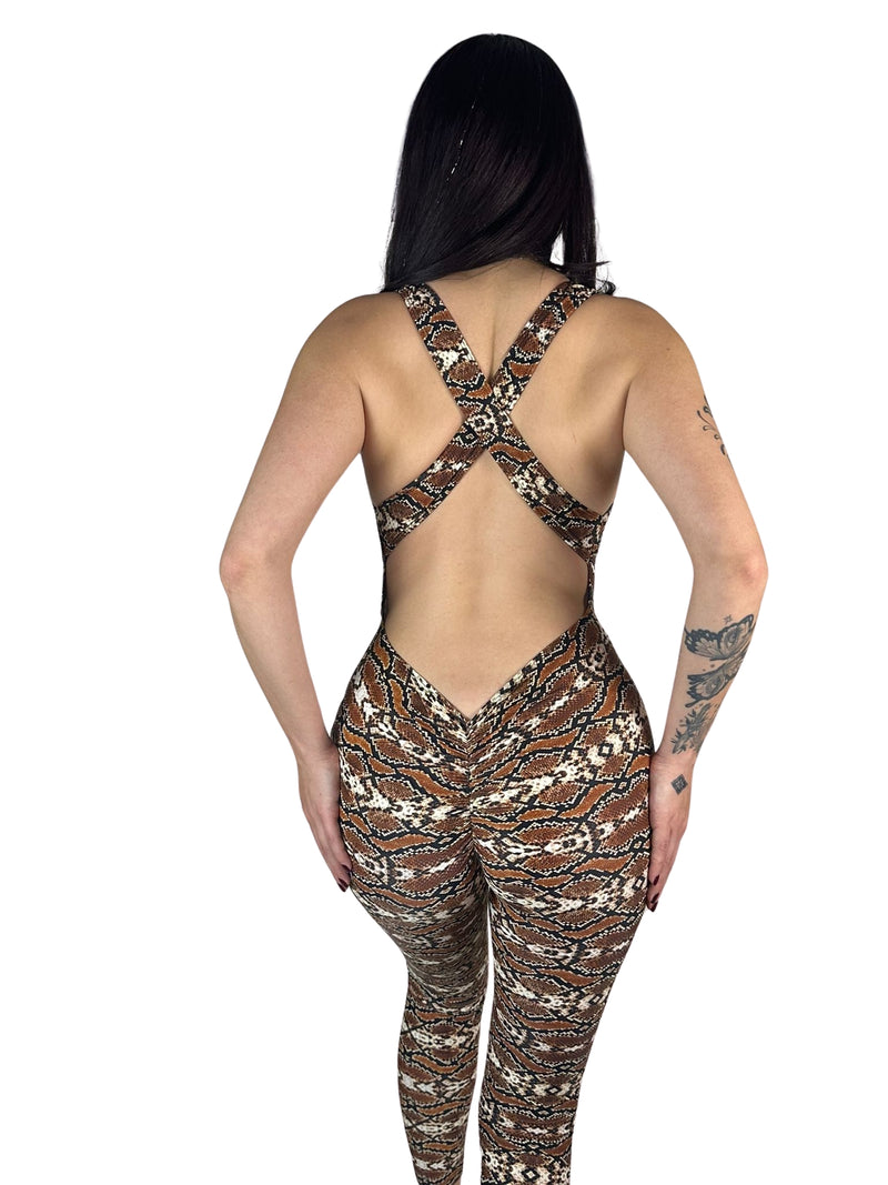 OnTheMarq DropCut™ Scrunchie Snakeskin Jumpsuit — open crossback with signature scrunchie rear ruching — original bathroom friendly jumpsuit — OnTheMarq proprietary DropCut™ Technology — brown cream black snakeskin print crossback jumpsuit — invented by Nita Marquez — Freedom Fashion