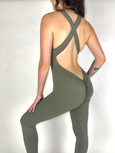 OnTheMarq DropCut™ Scrunchie Soft Olive Jumpsuit with open crossback and rear ruching — original bathroom friendly jumpsuit — OnTheMarq proprietary DropCut™ Technology — olive crossback jumpsuit — invented by Nita Marquez — Freedom Fashion