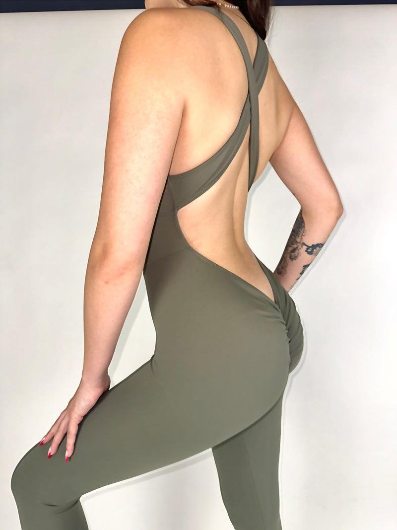 OnTheMarq DropCut™ Scrunchie Soft Olive Jumpsuit with open crossback and rear rouging — original bathroom friendly jumpsuit — OnTheMarq proprietary DropCut™ Technology — olive crossback jumpsuit — invented by Nita Marquez — Freedom Fashion