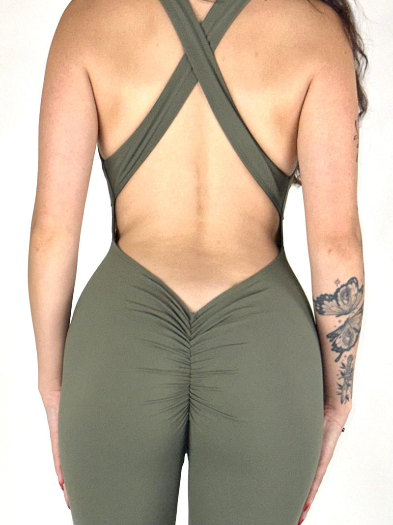 OnTheMarq DropCut™ Scrunchie Soft Olive Jumpsuit with open crossback and rear ruching — original bathroom friendly jumpsuit — OnTheMarq proprietary DropCut™ Technology — olive crossback jumpsuit — invented by Nita Marquez — Freedom Fashion