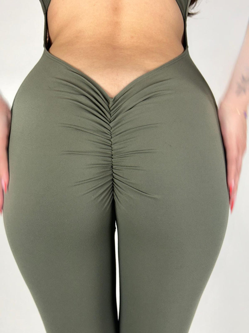 OnTheMarq DropCut™ Scrunchie Soft Olive Jumpsuit with open crossback and rear ruching — original bathroom friendly jumpsuit — OnTheMarq proprietary DropCut™ Technology — olive crossback jumpsuit — invented by Nita Marquez — Freedom Fashion