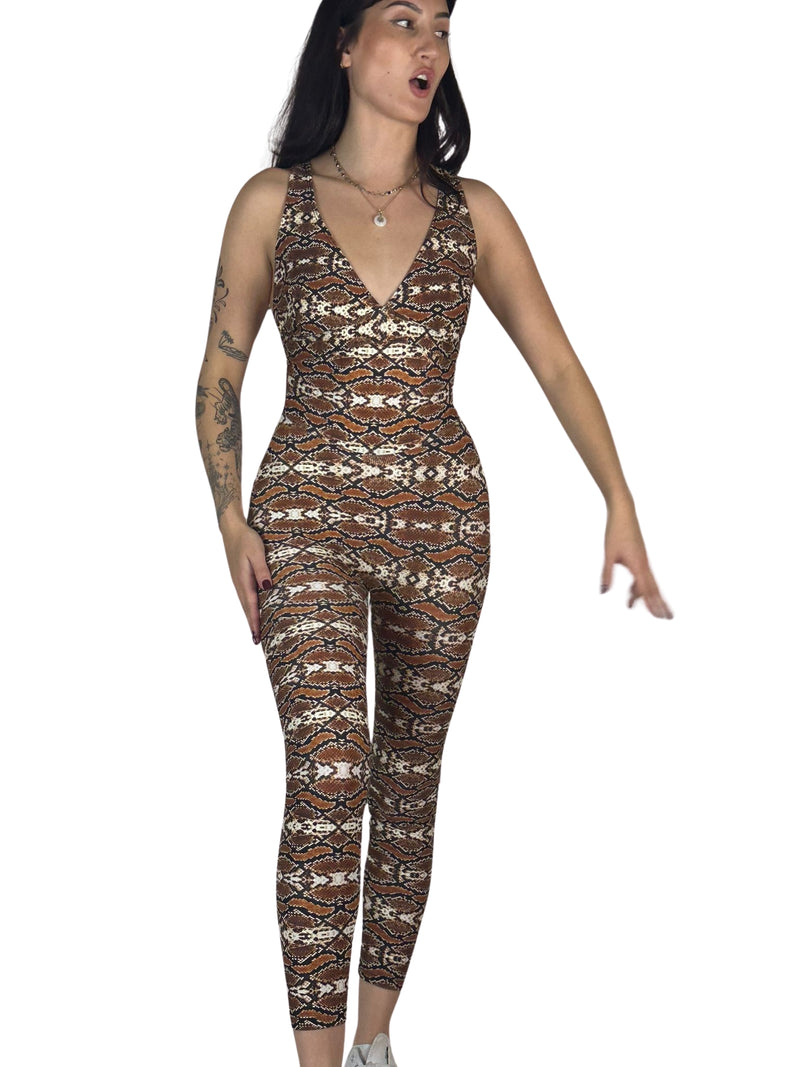 OnTheMarq DropCut™ Snakeskin Jumpsuit — original bathroom friendly jumpsuit — OnTheMarq proprietary DropCut™ Technology — brown cream black snakeskin print compression jumpsuit — invented by Nita Marquez — Freedom Fashion