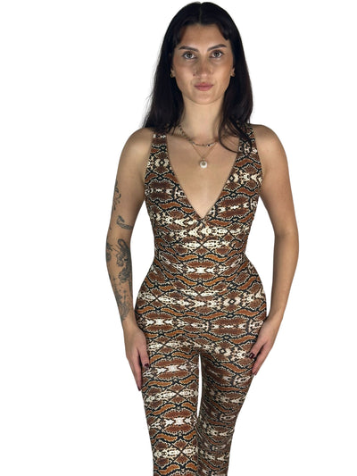 OnTheMarq DropCut™ Snakeskin Jumpsuit — original bathroom friendly jumpsuit — OnTheMarq proprietary DropCut™ Technology — brown cream black snakeskin print compression jumpsuit — invented by Nita Marquez — Freedom Fashion