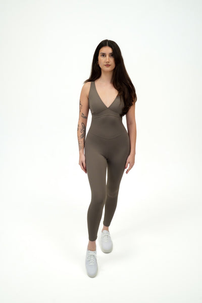 OnTheMarq DropCut™ Soft Olive Jumpsuit — original bathroom friendly jumpsuit — OnTheMarq proprietary DropCut™ Technology — olive compression jumpsuit — invented by Nita Marquez — Freedom Fashion